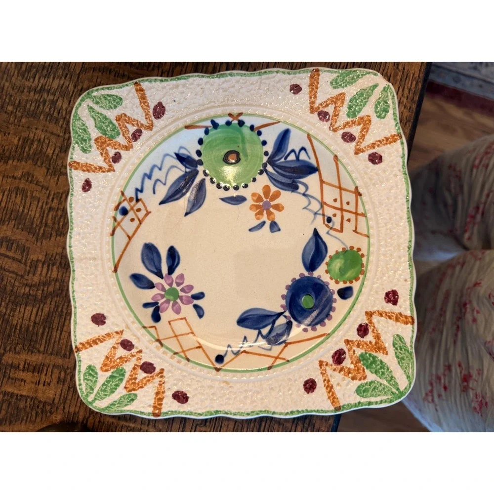 Vintage Hand Painted Floral Plate Square Scalloped England Art Deco Multicolor